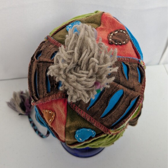 Handmade Patchwork Pom Pom Tassel Earflap Beanie Made in Nepal - Picture 6 of 8